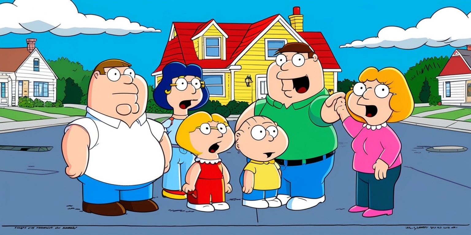 A colorful, vibrant cartoon illustration depicting a scene from a fictional Family Guy episode, featuring the main characters Peter, Lois, Meg, Chris, Stewie, and Brian, with exaggerated facial expressions and comedic body language, set against a bright blue sky with fluffy white clouds, with the Griffin family's iconic yellow house in the background, surrounded by the suburban streets of Quahog, Rhode Island, with bold lines, smooth textures, and a dynamic composition that captures the show's signature blend of humor and satire, with a focus on the characters' interactions and relationships, and incorporating the show's typical cutaway gags, humorously absurd situations, and pop culture references.