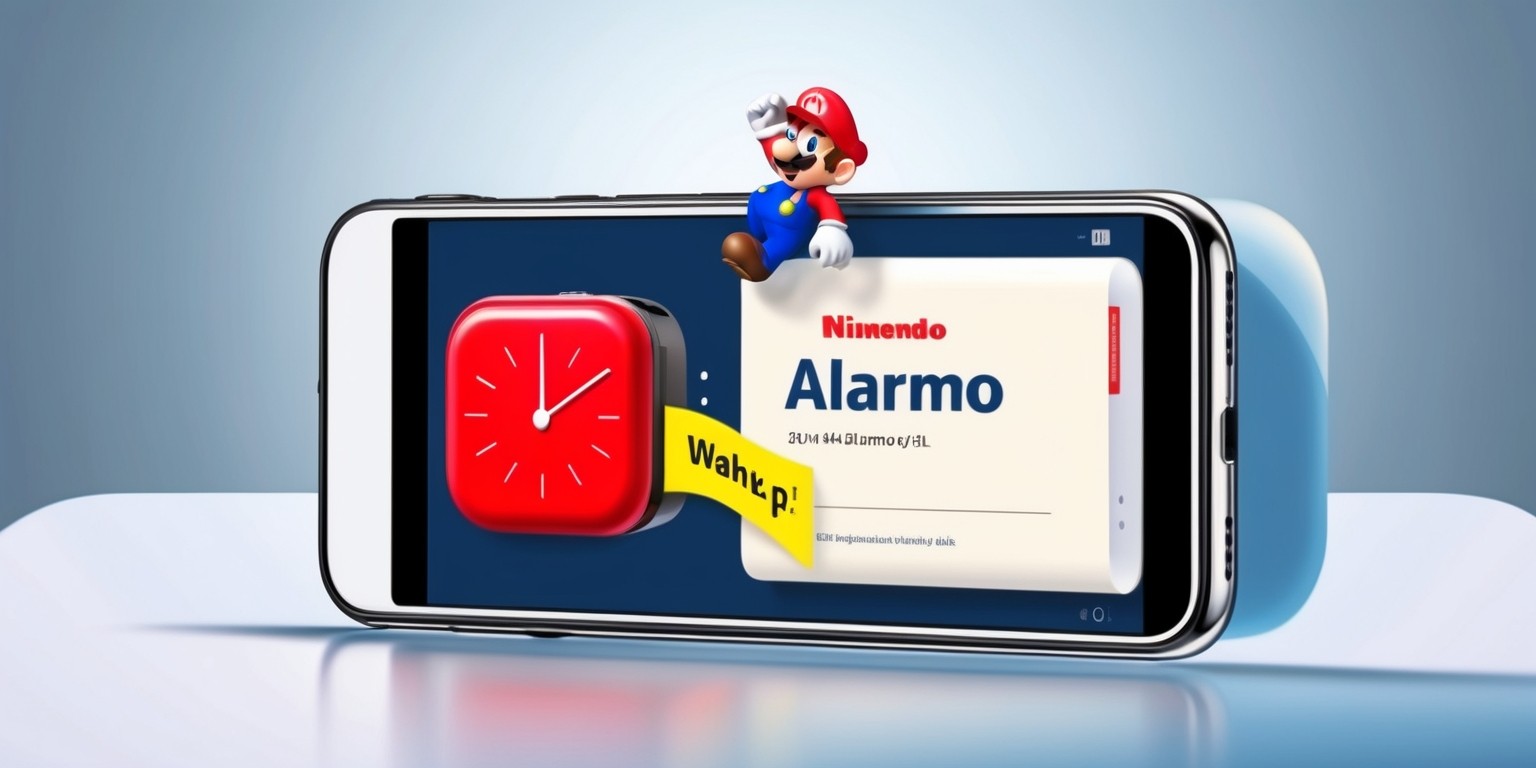 A digital illustration of the Nintendo Alarmo app on a sleek, modern smartphone screen, set against a subtle, gradient blue background that evokes a sense of morning calmness. The Alarmo app's interface is prominently displayed, featuring a bold, red alarm clock icon with a determined Mario character standing on top, holding a flag with a bright yellow 