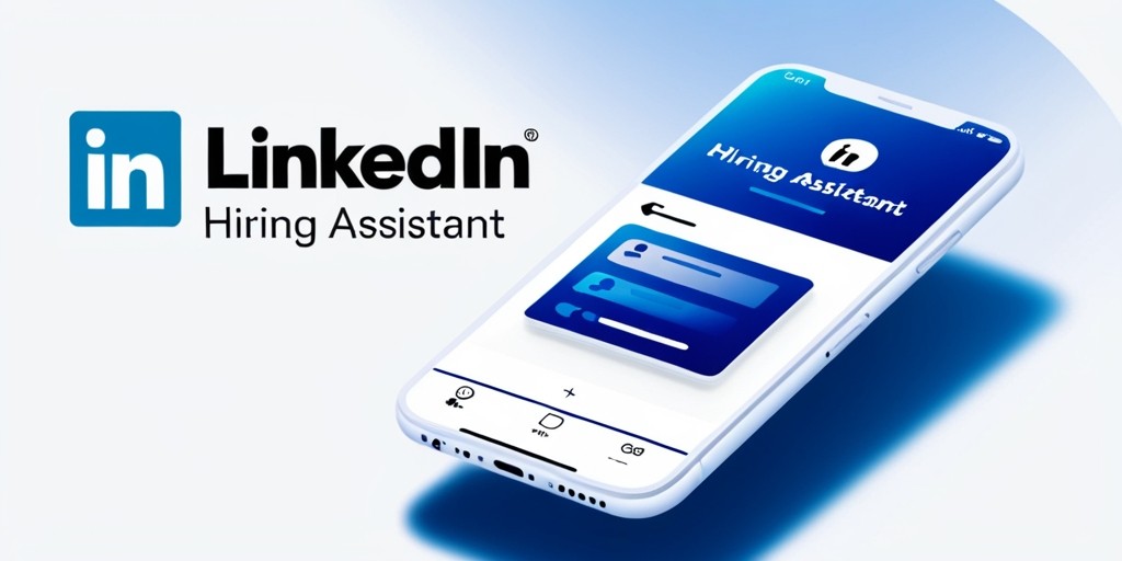 A modern, sleek illustration of the LinkedIn Hiring Assistant app on a crisp white background, featuring a clean and minimalist design with a bold blue color scheme, evoking a sense of professionalism and innovation, with the LinkedIn logo prominently displayed in the top-left corner in its signature blue and white color combination, the app's user interface showcasing a streamlined layout with intuitive icons and buttons, and a subtle gradient effect to give a sense of depth and dimension, with a faint hint of shadowing to add a touch of realism, the overall aesthetic conveying a sense of cutting-edge technology and smart recruitment solutions.