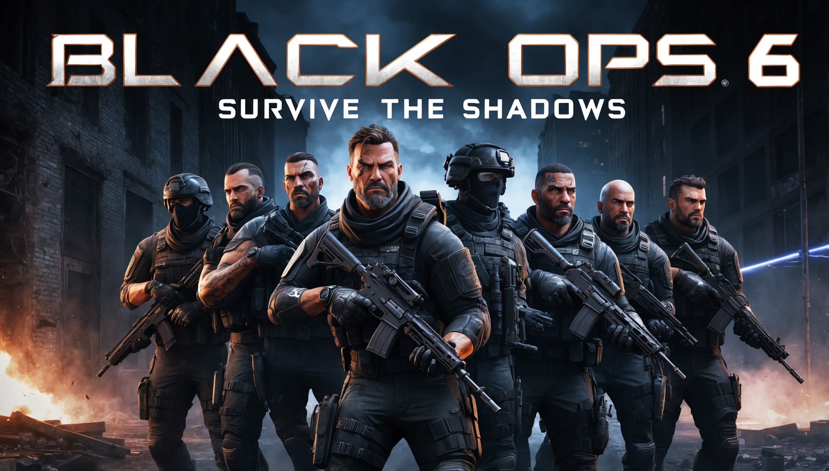 A gritty, high-contrast key art for Black Ops 6, a first-person shooter game, set against a dark, ominous urban cityscape at dusk, with a crumbling building or a war-torn street as the backdrop, illuminated by flickering neon lights or muzzle flashes, featuring a group of four to six elite operatives, clad in black tactical gear, armed to the teeth, with distinct facial features, varying skin tones, and unique attributes, such as scars, tattoos, or cybernetic enhancements, with a focus on the leader, a grizzled, seasoned veteran with a strong jawline, a rugged expression, and a piercing gaze, standing at the forefront, looking directly at the viewer, while the others fan out around him, scanning the horizon, with the game's title, 