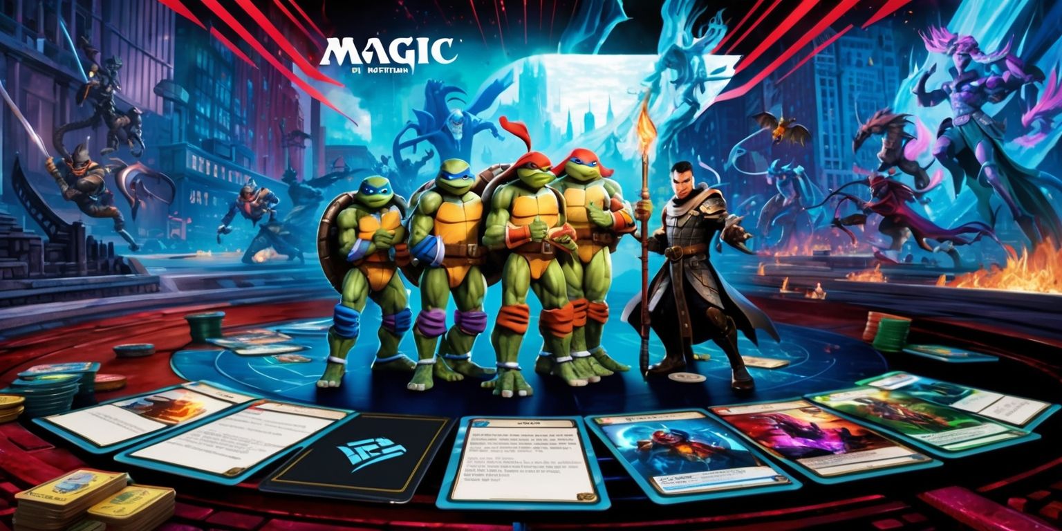 A vibrant and dynamic illustration of a card game set featuring a Teenage Mutant Ninja Turtles and Magic: The Gathering crossover, with Leonardo, Donatello, Michelangelo, and Raphael standing proudly alongside iconic Magic: The Gathering characters, set against a richly detailed and colorful background that blends the gritty urban landscape of New York City with the mystical realms of the Magic: The Gathering universe, with cards and game pieces scattered throughout the scene, showcasing a mix of turtle-powered magic spells and legendary creatures, with bold lines, bright colors, and dramatic lighting, and a predominantly blue and green color scheme to reflect the Turtles' sewer lair and the Magic: The Gathering's signature style.