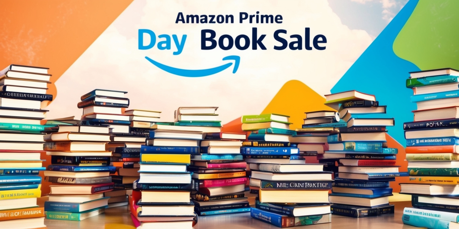 A vibrant and colorful image showcasing the Amazon Prime Day Book Sale campaign, featuring a massive collection of books with shiny covers and prominent titles, set against a bright and airy background with a mix of warm and cool tones, the Amazon Prime logo is prominently displayed in a bold blue font with a smile-like arrow, books are stacked horizontally and vertically in a visually appealing layout, with some books slightly angled to add depth, the overall style is modern and eye-catching, with a sense of excitement and urgency, the color palette includes shades of blue, orange, and white, with splashes of green and yellow to evoke a sense of fun and savings, the text Amazon Prime Day Book Sale is emblazoned across the top in a bold and playful font.
