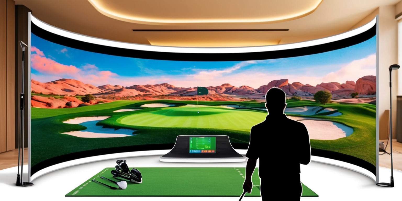 A detailed digital illustration of a golf simulator game with a large curved screen displaying a vibrant virtual golf course, set against a modern room backdrop with sleek gaming equipment, including golf clubs and a mat, under bright and warm lighting, with a mix of earthy tones from the virtual landscape and neutral colors from the room's interior, featuring a sense of depth and realism, with the screen's edges slightly curved to immerse the golfer in the game, and the golfer's silhouette visible in the foreground, with a focus on the intersection of technology and sports.