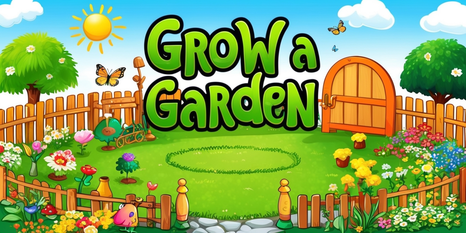 A colorful illustration of a whimsical garden scene for the Grow a Garden game, featuring a vibrant green lawn with various flowers, trees, and gardening tools, surrounded by a wooden fence with a welcoming gate, under a bright sunny sky with fluffy white clouds, including a few garden gnomes and butterflies, with the game's title Grow a Garden written in bold, curly, green letters with golden accents, in a playful, storybook style, with a mix of digital and hand-drawn elements, and a warm, inviting atmosphere, set in a horizontal layout with ample negative space to convey a sense of serenity and growth.