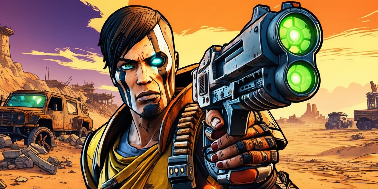 A vibrant post-apocalyptic scene from Borderlands 4, featuring a rugged, weathered warrior with distinctive facial scars, striking blue eyes, and dark, sun-bleached skin, wearing a mixture of scavenged and high-tech armor, set against a dramatic, dusty landscape with crumbling ruins, rusty vehicles, and a vast, open sky with a dominant orange and purple hue, in the foreground a sleek, metallic gun with intricate details and a bold, neon green glow, the character's facial expression is determined and fierce, with a hint of weariness, the overall style is reminiscent of a dynamic comic book illustration with bold lines, textured brushstrokes, and a mix of realistic and stylized elements.