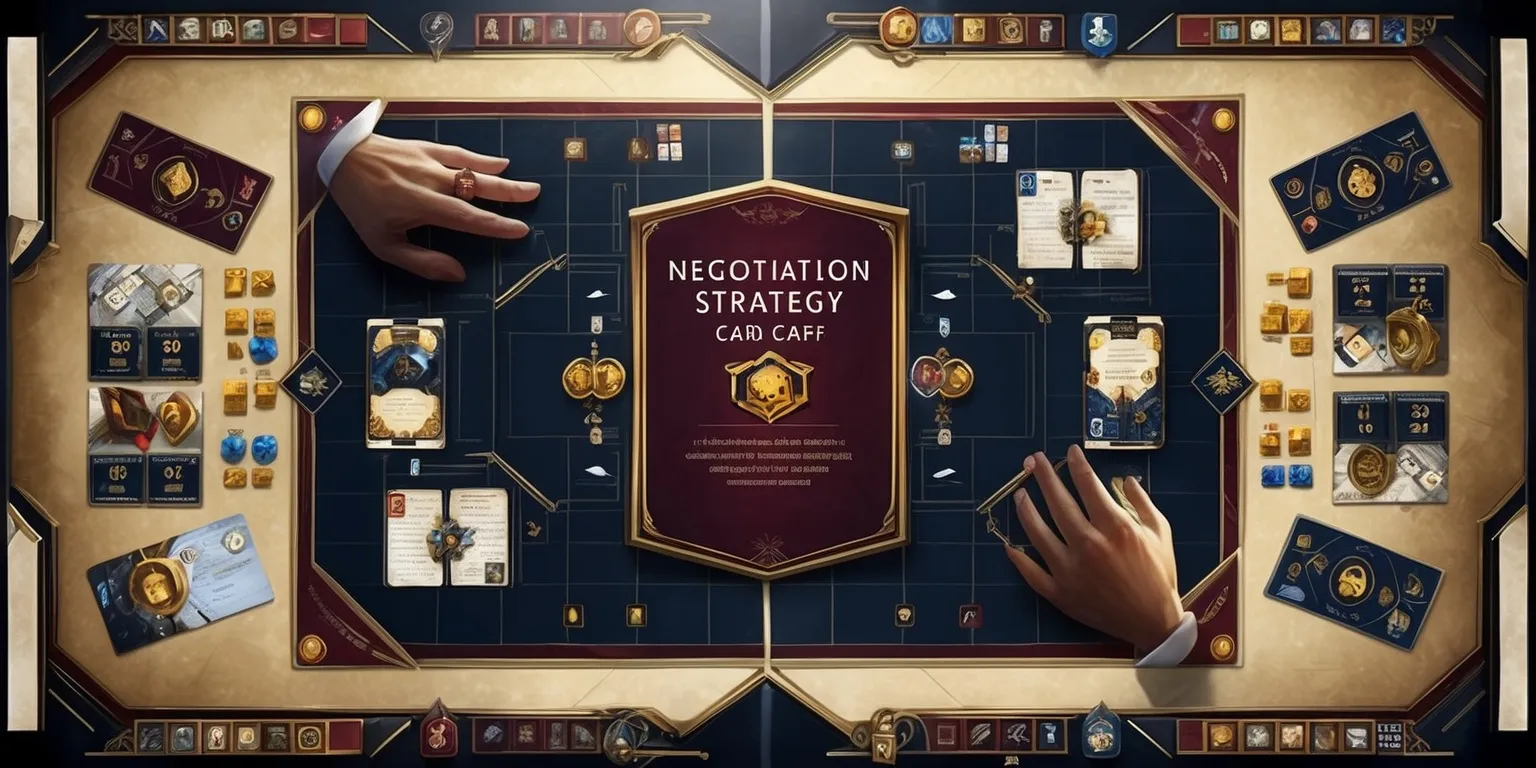 A polished board game instruction or promotional illustration for a Negotiation Strategy Card Game, featuring a tactical grid-based play area surrounded by richly designed cards, resource tokens, alliance markers, and rivalry indicators. Show players’ hands, branching negotiation paths, exchanged offers, and strategic positions suggesting rapid decision-making and shifting loyalties. Use a sophisticated tabletop strategy aesthetic with deep navy, burgundy, gold, and ivory tones, crisp geometric layouts, subtle parchment textures, and dramatic directional lighting. Emphasize resource management, calculated risk, diplomacy, competition, and the dynamic interplay between cooperation and betrayal. Include the title Negotiation Strategy Card Game in bold refined serif lettering, prominently placed and clearly legible, with elegant gold accents and a structured emblem suggesting cards, negotiation, and a strategic grid. Frame the composition from a slightly elevated perspective, balancing readable game components with an energetic, cinematic sense of tactical conflict.