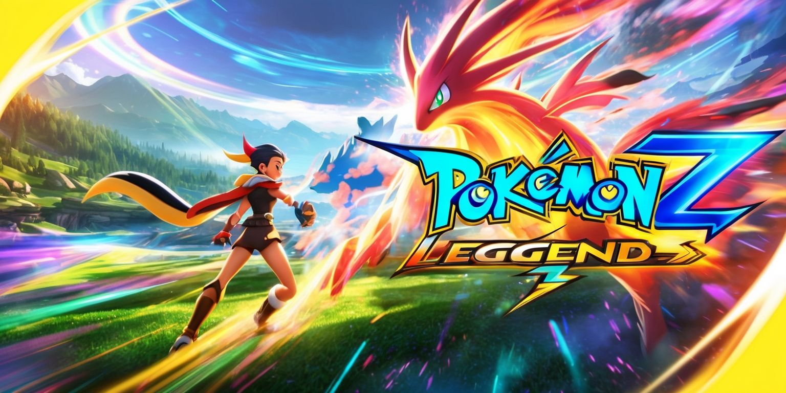A vibrant, action-packed scene from Pokémon Legends: Z-A game, showcasing a dynamic battle between a trainer and a powerful Pokémon, set against a breathtaking, sprawling landscape with lush green forests, majestic mountains, and a distant, glowing aura, with the trainer standing confidently, wearing a bold, adventurous outfit, and the Pokémon radiating an intense, fiery glow, amidst a flurry of vibrant, swirling colors, and dramatic, stylized lighting effects, with the game's logo prominently displayed in a modern, futuristic font, with sharp, angular lines and a metallic sheen, in a bright, electric blue color, with the tagline Explore, Discover, Conquer etched in a curved line above the logo, in a bold, golden yellow color.