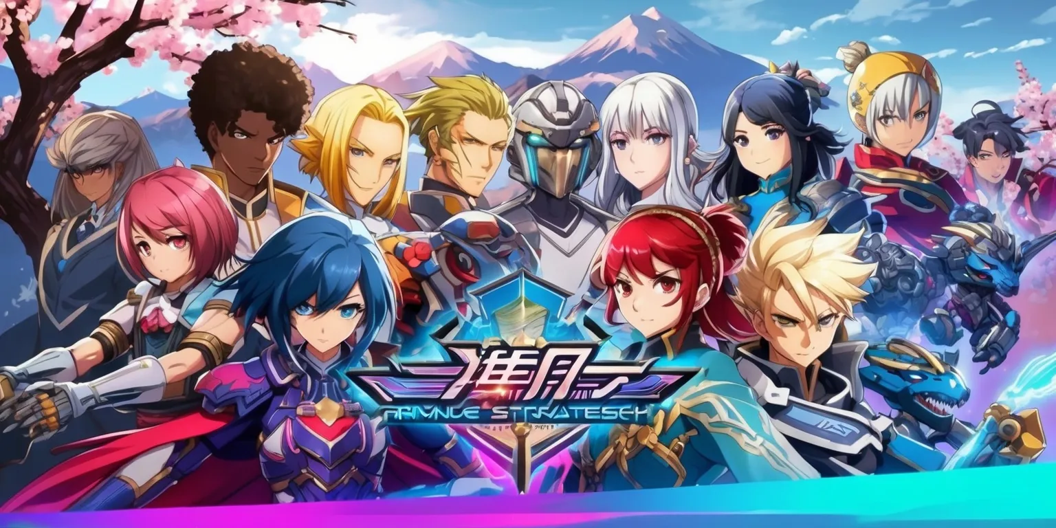 A vibrant and dynamic illustration of a fictional anime-inspired strategy game scene, set against a stylized Japanese-inspired backdrop with cherry blossom trees and majestic mountains, featuring a diverse group of characters with unique facial features, skin colors, and hairstyles, dressed in intricately designed anime-style costumes, with a mix of traditional and futuristic elements, including sleek mechs, magical creatures, and advanced technologies, in a variety of bold and muted colors, with a focus on dramatic lighting and atmospheric effects, and incorporating subtle textures and patterns, with the game's logo prominently displayed in a modern, futuristic font with neon accents, and the title of the game written in a stylized, cursive script with a subtle glow effect.