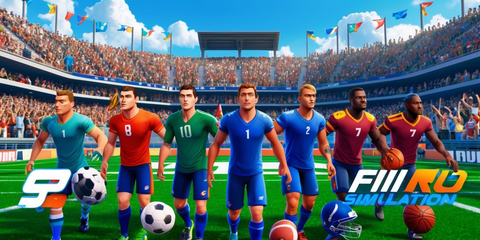 A vibrant and detailed digital illustration of a sports simulation game scene, set in a large outdoor stadium with a lush green grass field, surrounded by tall bleachers filled with cheering fans of diverse ages and skin colors, with some wearing sports jerseys and waving flags, under a clear blue sky with a few puffy white clouds, featuring a group of realistically rendered athletes in the foreground, with varying facial features and unique attributes, such as determined expressions, sweat-drenched jerseys, and athletic equipment, including soccer balls, football helmets, and basketballs, with the game's logo and scoreboards displayed prominently in bold, modern fonts and bright colors, incorporating dynamic lighting effects and subtle shadows to create a sense of depth and energy.
