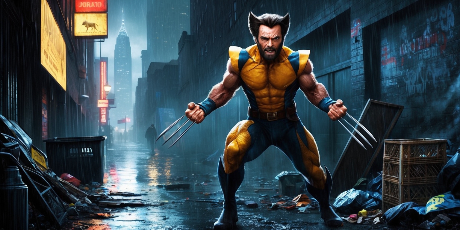 A gritty, cinematic illustration of Hugh Jackman as Wolverine, standing in a dimly lit, rainy city alleyway at night, with hints of neon signs reflecting off the wet pavement, surrounded by discarded trash and broken crates, evoking a sense of grit and foreboding, with Wolverine's iconic yellow and black attire torn and battered, his eyes glowing with a fierce intensity, his claws extended, ready for battle, in the background, faint whispers of city skyscrapers and towering buildings loom large, with subtle hints of Marvel Comics-inspired graphics and textures, in a dark, muted color palette with flashes of bright yellow and silver, capturing the essence of a intense, action-packed movie poster for the next Wolverine film.