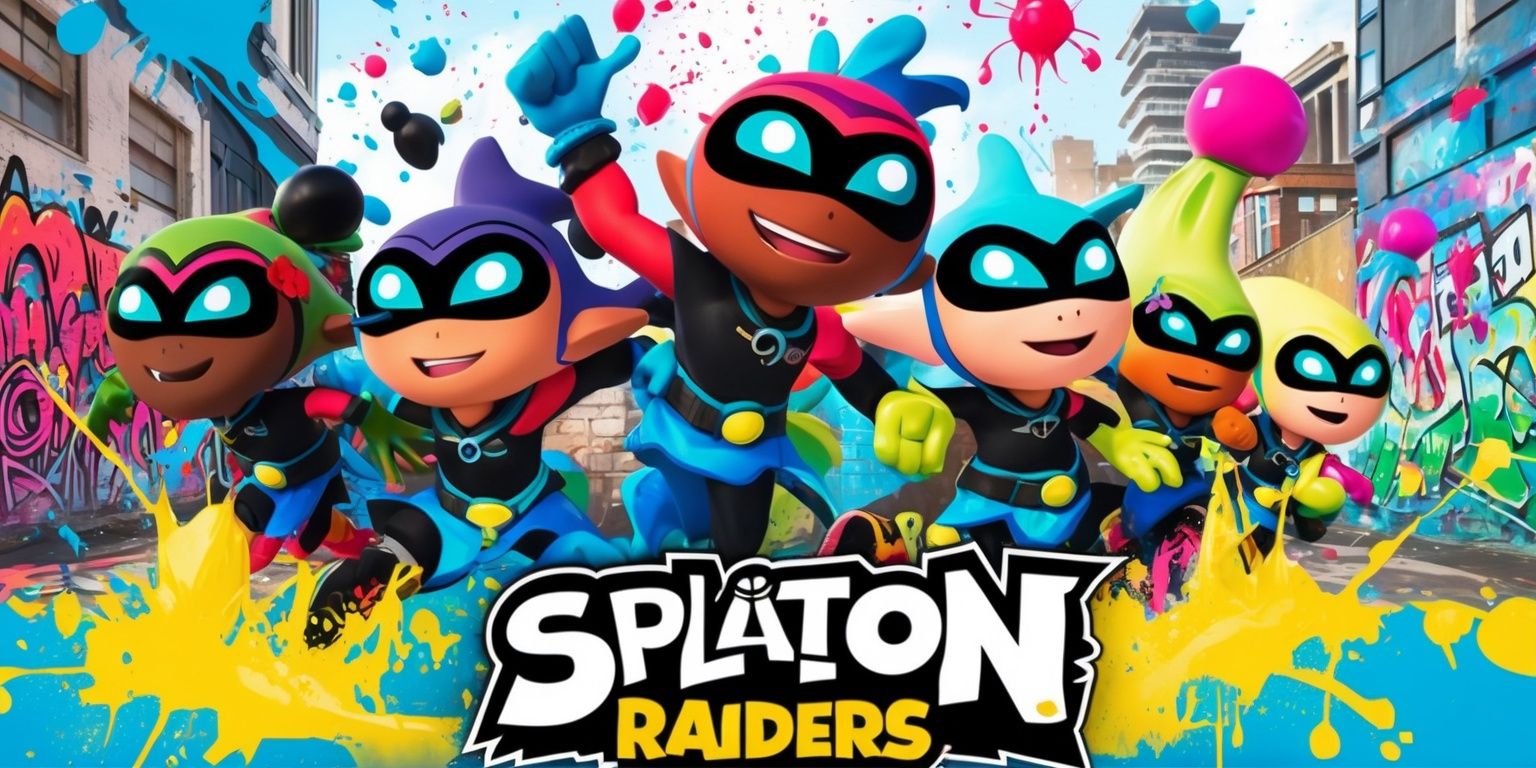 A vibrant and dynamic illustration of a group of Inklings from the Splatoon Raiders game, set against a cityscape backdrop with splatters of colorful ink, the characters are positioned in a energetic and action-packed composition, with bold lines and expressive facial features, the Inklings have varying skin tones and unique hairstyles, dressed in their iconic squid-like gear, the cityscape behind them is a mix of urban architecture and graffiti-covered walls, with a bright and playful color palette, the overall style is reminiscent of a fun and lively cartoon, with bold typography and stylized visual effects, the characters are surrounded by ink splatters and paint bombs, with a sense of movement and energy emanating from the scene.