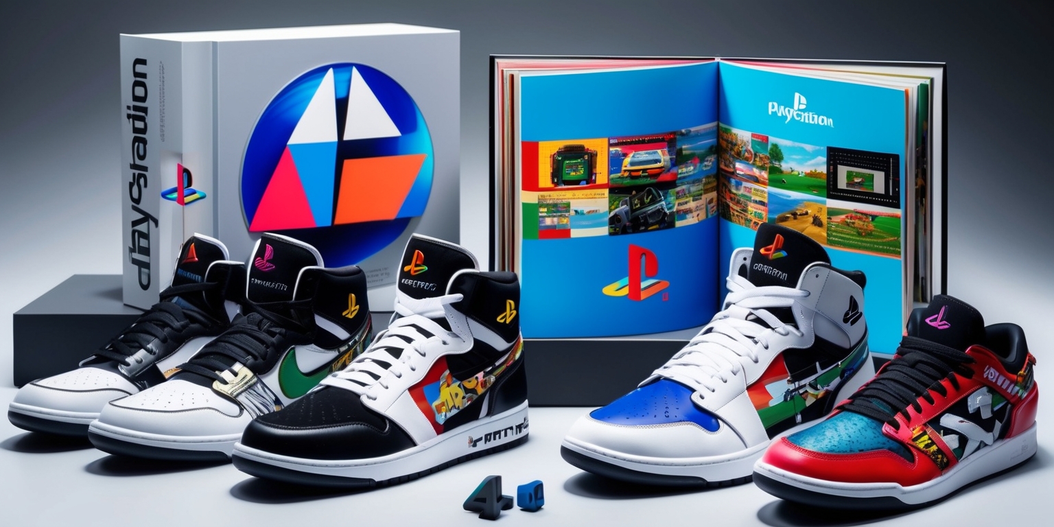 A vibrant and detailed illustration of a limited-edition sneaker collection inspired by the iconic PlayStation brand, featuring a variety of sleek, modern footwear designs that incorporate classic gaming elements and regional themes, with bold colors and eye-catching patterns, set against a sleek, high-fashion backdrop, including exclusive packaging that echoes the original PlayStation console's retro-futuristic aesthetic, alongside a commemorative book with a glossy cover and colorful pages that showcase the history and influence of PlayStation, with the sneakers and book arranged in a stylish, dynamic composition that highlights the fusion of gaming and fashion.