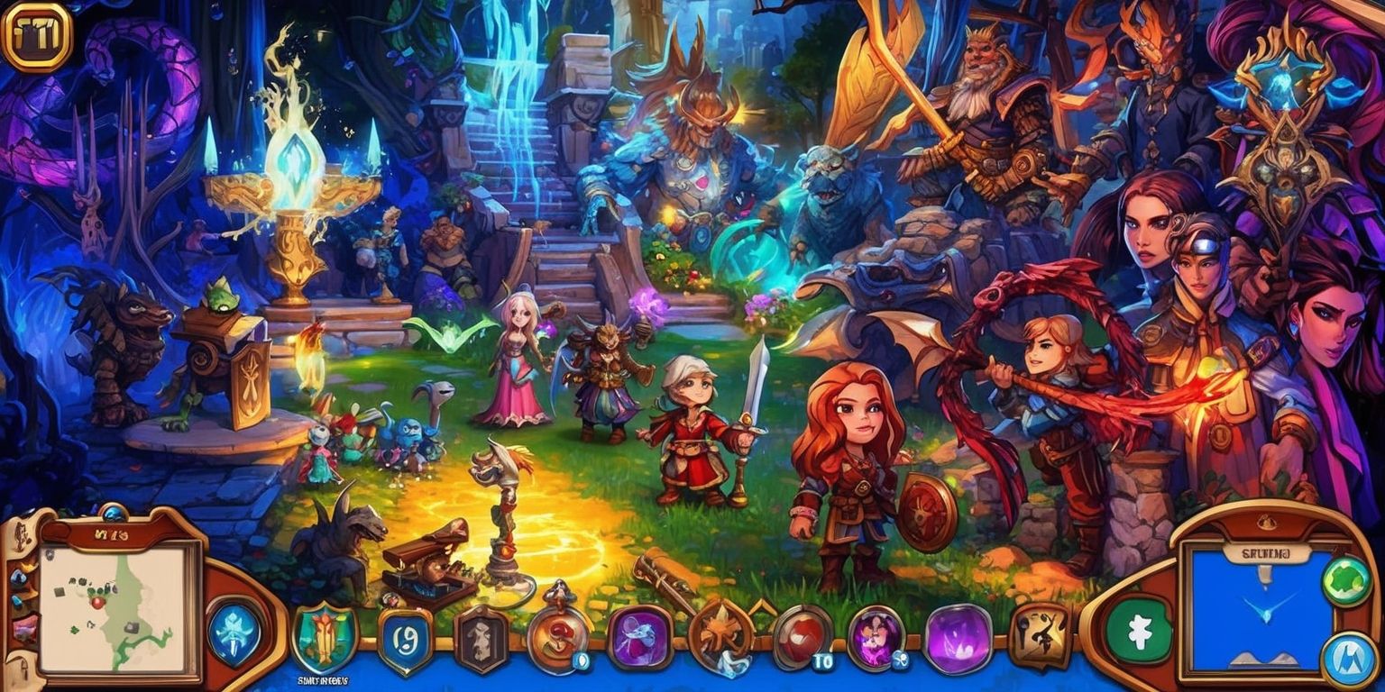 A vibrant digital illustration of a fantasy role-playing game scene, set in a richly detailed and sprawling virtual world, with a variety of colorful characters, weapons, and armor on display, featuring a mix of magical and medieval elements, including intricate textures, luminescent effects, and dynamic lighting, with a user interface that includes buttons, menus, and a mini-map, all presented in a visually striking and engaging style, with a sense of adventure and excitement, and a hint of nostalgia for classic gaming experiences, incorporating a range of skin tones, facial features, and unique attributes among the characters, with bold lines, bright colors, and a sense of energy and movement.