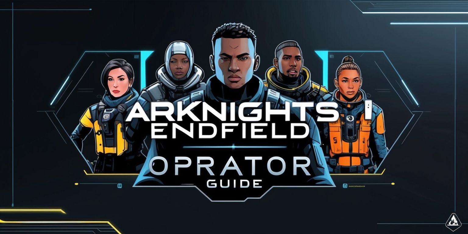 A visually striking digital illustration depicting the Arknights Endfield operator guide, set against a dark muted background with neon accents, featuring key operators from the game with distinct facial features, varying skin tones, and unique attire, surrounded by minimalist layout elements, crisp lines, and bold typography, with the title Arknights Endfield Operator Guide prominently displayed in a modern, sans-serif font, in a metallic silver color, with the game's logo positioned at the top-right corner, incorporating a sleek, futuristic design aesthetic, and a color scheme dominated by shades of blue, grey, and white, with hints of vibrant orange and yellow, to create a captivating and informative visual guide that showcases the operators' abilities and stats.