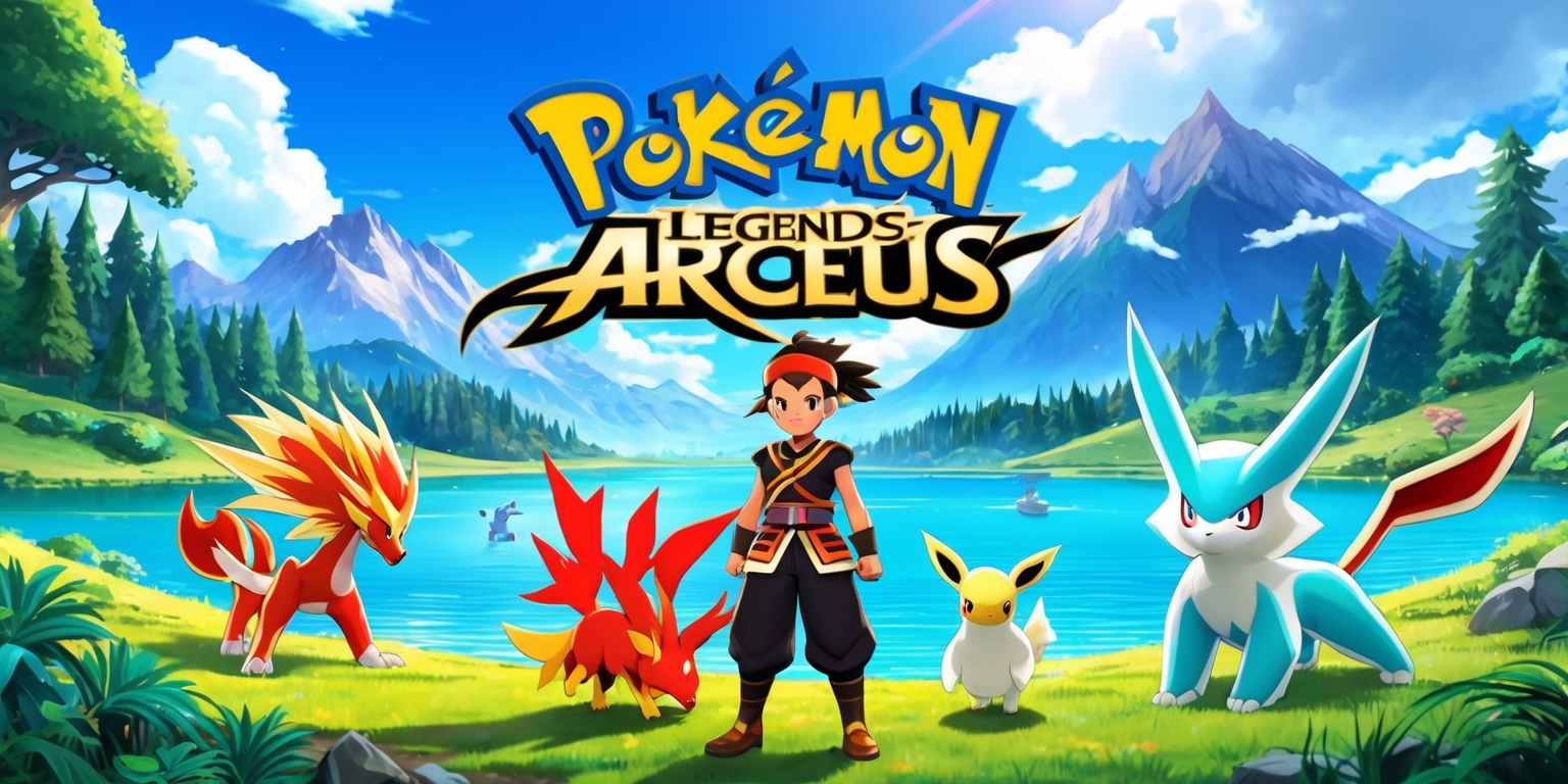 A vibrant and dynamic illustration of the Pokémon Legends: Arceus game, set in a stunning natural environment with lush green forests, majestic mountains, and serene lakes, featuring a variety of Pokémon roaming freely, with a focal point on the game's protagonist, a young trainer with a determined expression, wearing a traditional outfit inspired by the Hisui region's culture, with a few Pokémon standing beside them, including a majestic Arcanine and a swift Starly, under a bright blue sky with a few puffy white clouds, with the game's logo, a stylized font with the words Pokémon Legends: Arceus, emblazoned in bold, golden letters, at the top of the image, blending seamlessly into the scenic landscape.