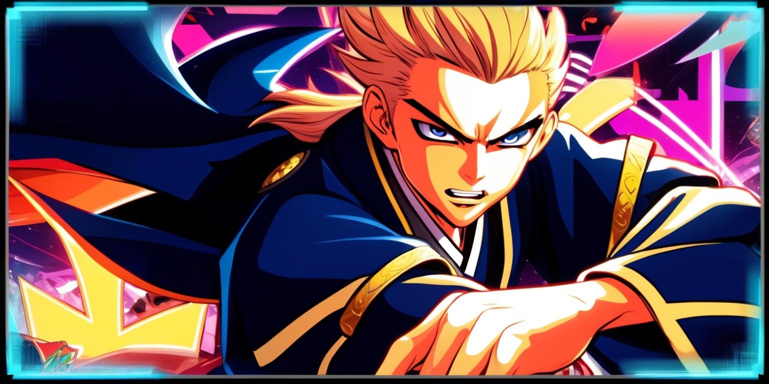 A stylized digital illustration of a Gakuran-clad character in the midst of a vibrant and dynamic game scene, with a bold color palette and striking visual effects, set against a backdrop of abstract shapes and neon lights, the character's facial features are sharply defined with a determined expression, their skin a warm beige tone, and their Gakuran uniform is a deep navy blue with gold accents, the overall style is reminiscent of anime and manga, with bold lines and exaggerated details, the character is surrounded by subtle hints of Japanese culture and gaming elements, with a mix of traditional and modern motifs, the atmosphere is energetic and captivating, with a sense of movement and action, the illustration is framed by a thin border with a subtle gradient effect, adding depth and dimension to the scene.